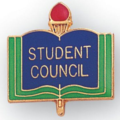 Enamel pin depicting an open book with "STUDENT COUNCIL" in gold lettering, green covers, blue page, and red gem-topped torch.