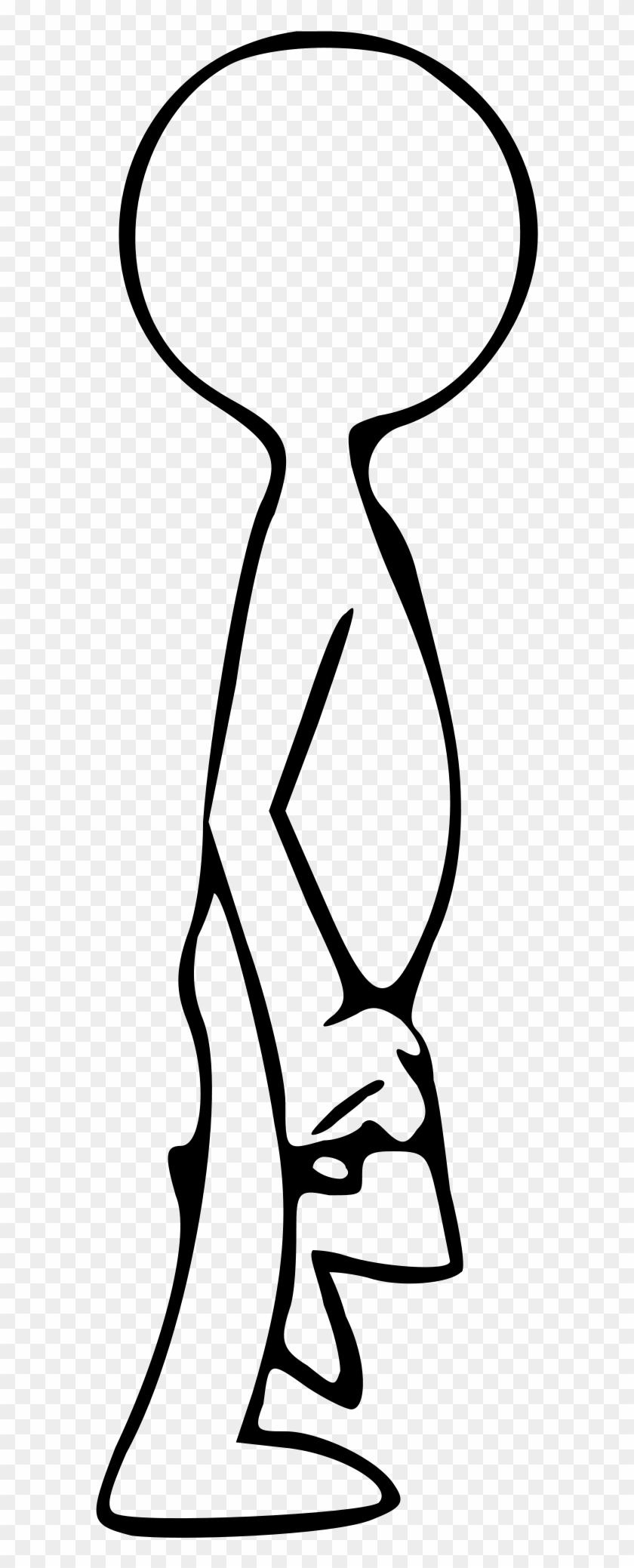 Minimalist black-and-white line drawing of a stylized human figure in profile, bending forward with arms crossed or clasped.