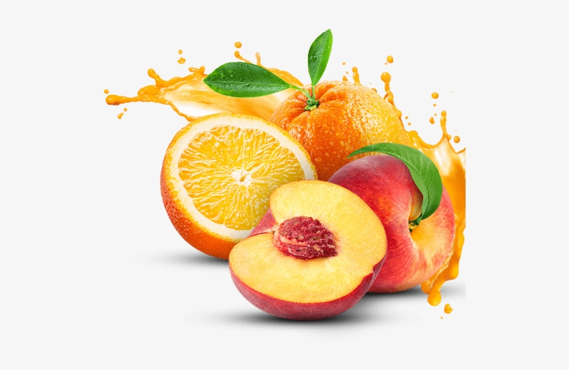 Fresh oranges and peaches with vibrant juice splashes and green leaves on a white background.