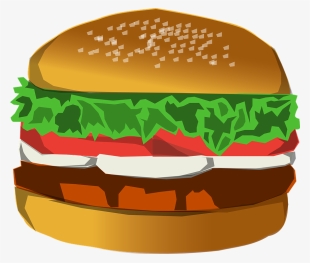 Classic cartoon-style hamburger with sesame seed bun, lettuce, tomato, cheese, and beef patty.