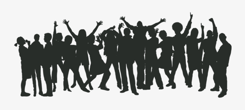 Silhouette of a diverse group of people celebrating with raised arms.