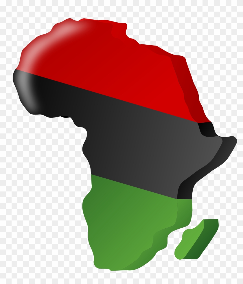 Africa continent map silhouette filled with red, black, and green Pan-African colors.