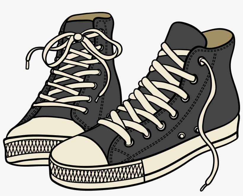 Classic black high-top sneakers with white laces and rubber toe caps, illustrated in clean line art style.