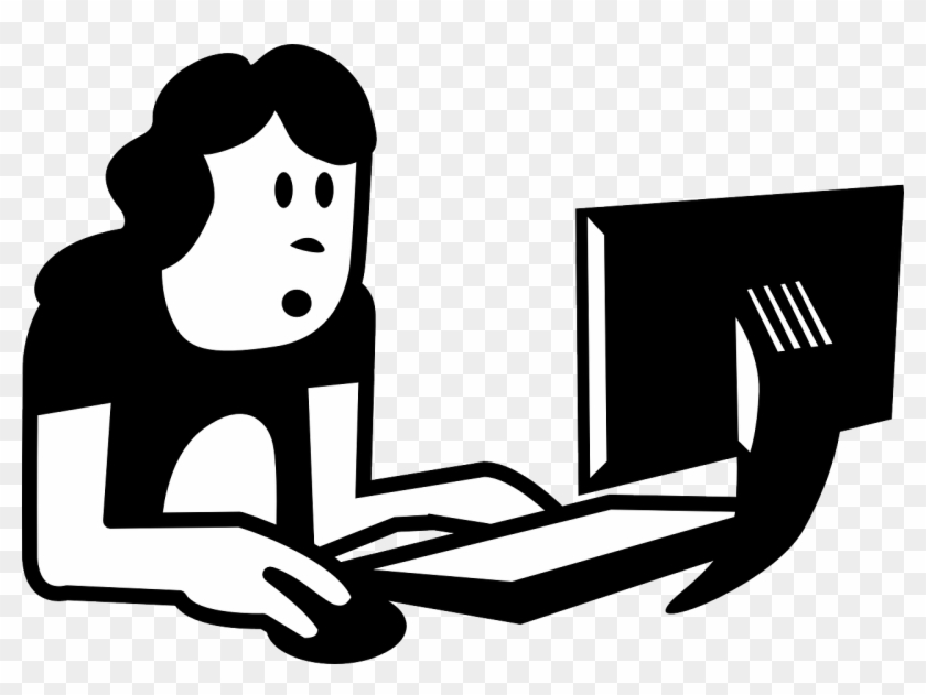 Surprised woman at computer with open mouth, hands on keyboard and mouse, black-and-white illustration.