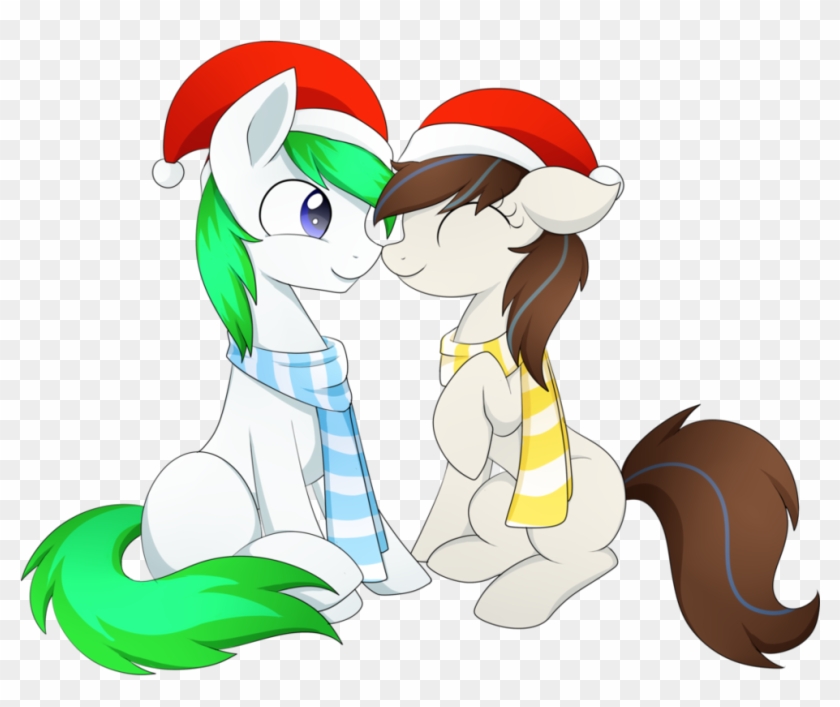 Two festive ponies in Santa hats nuzzle affectionately, one with green mane and blue scarf, the other with brown mane and yellow scarf.