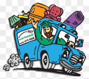 Cartoon blue junk removal truck overloaded with furniture and trash, driver waving cheerfully.