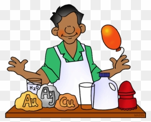 A smiling scientist in a green shirt and white apron demonstrates a chemistry experiment with labeled elements and a floating balloon.