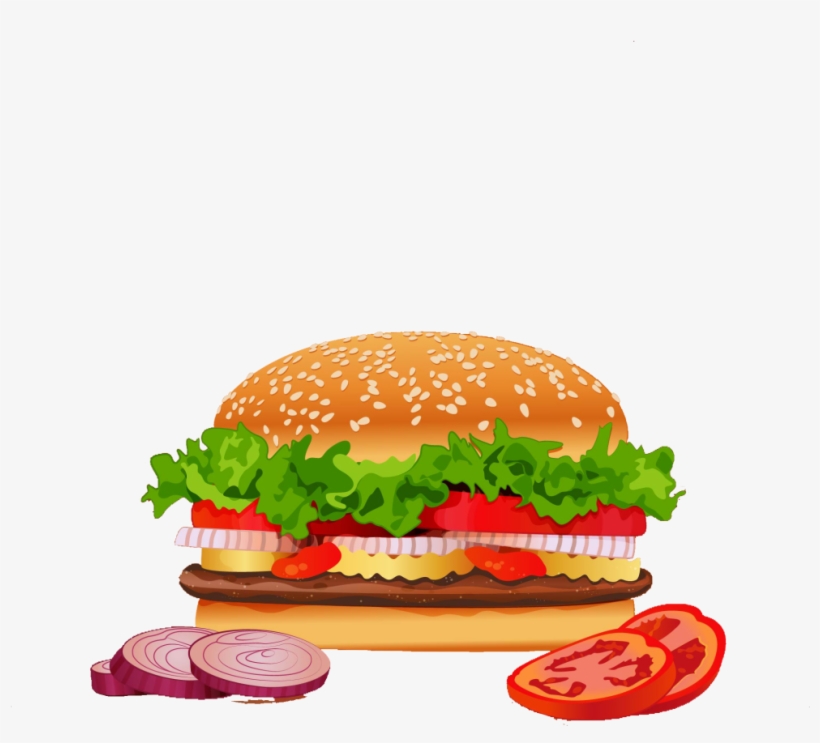Juicy classic hamburger with sesame seed bun, lettuce, tomato, onion, cheese, and beef patty, served with fresh slices of tomato and red onion.