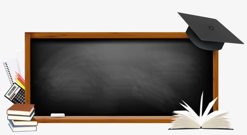 A wooden-framed blackboard with a graduation cap, open book, stacked textbooks, calculator, and notebooks arranged around it.