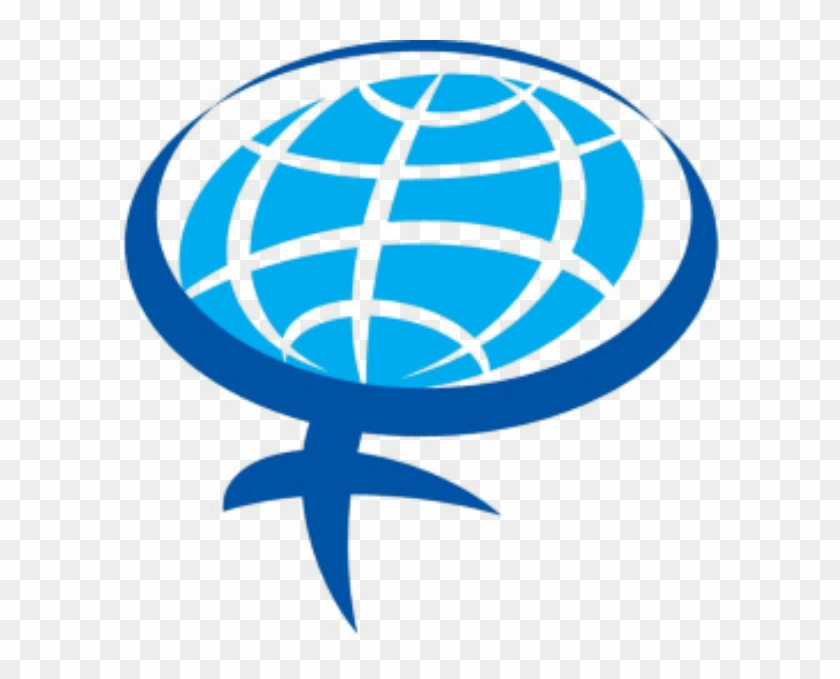 Blue globe icon with grid lines enclosed in a speech bubble shape, symbolizing global communication or international dialogue.