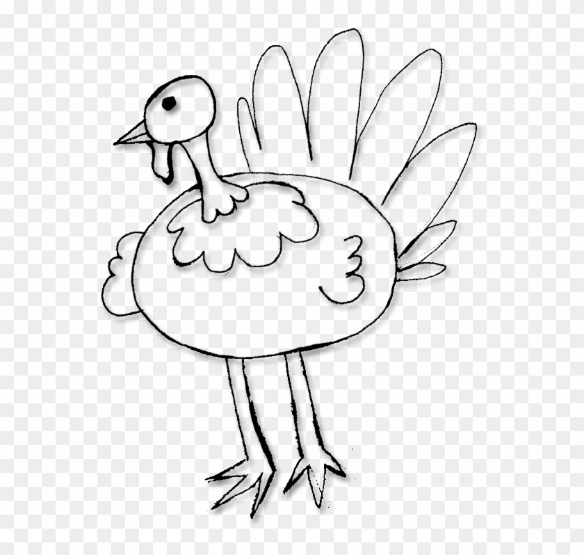 Simple black-and-white line drawing of a cartoon turkey with feather fan, wattle, and expressive eye.