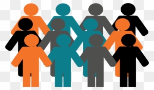 Diverse group of stylized human figures in orange, teal, gray, and black, interlinked to symbolize unity and inclusion.