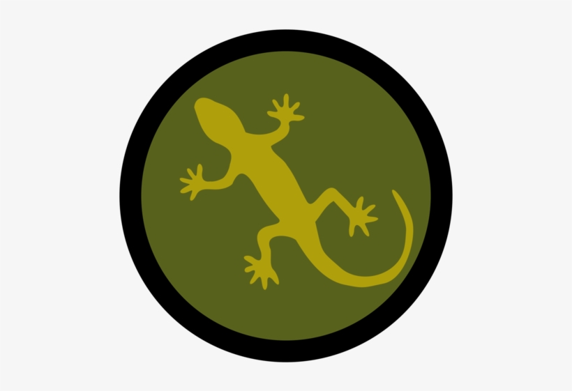 Yellow gecko silhouette inside a black-rimmed olive green circle, stylized logo design.