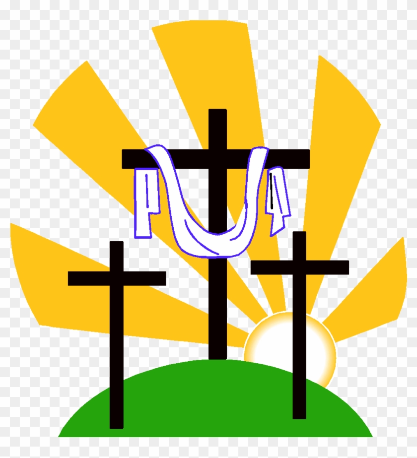 Three black crosses on a green hill with radiant yellow sunburst and white cloth draped over the central cross.