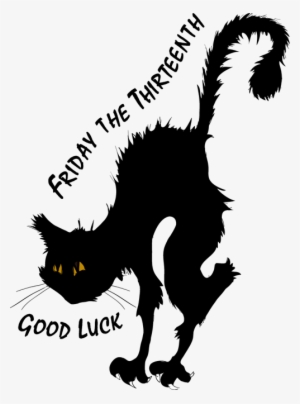 Black cat silhouette with arched back, glowing yellow eyes, and text "Friday the Thirteenth" and "Good Luck".