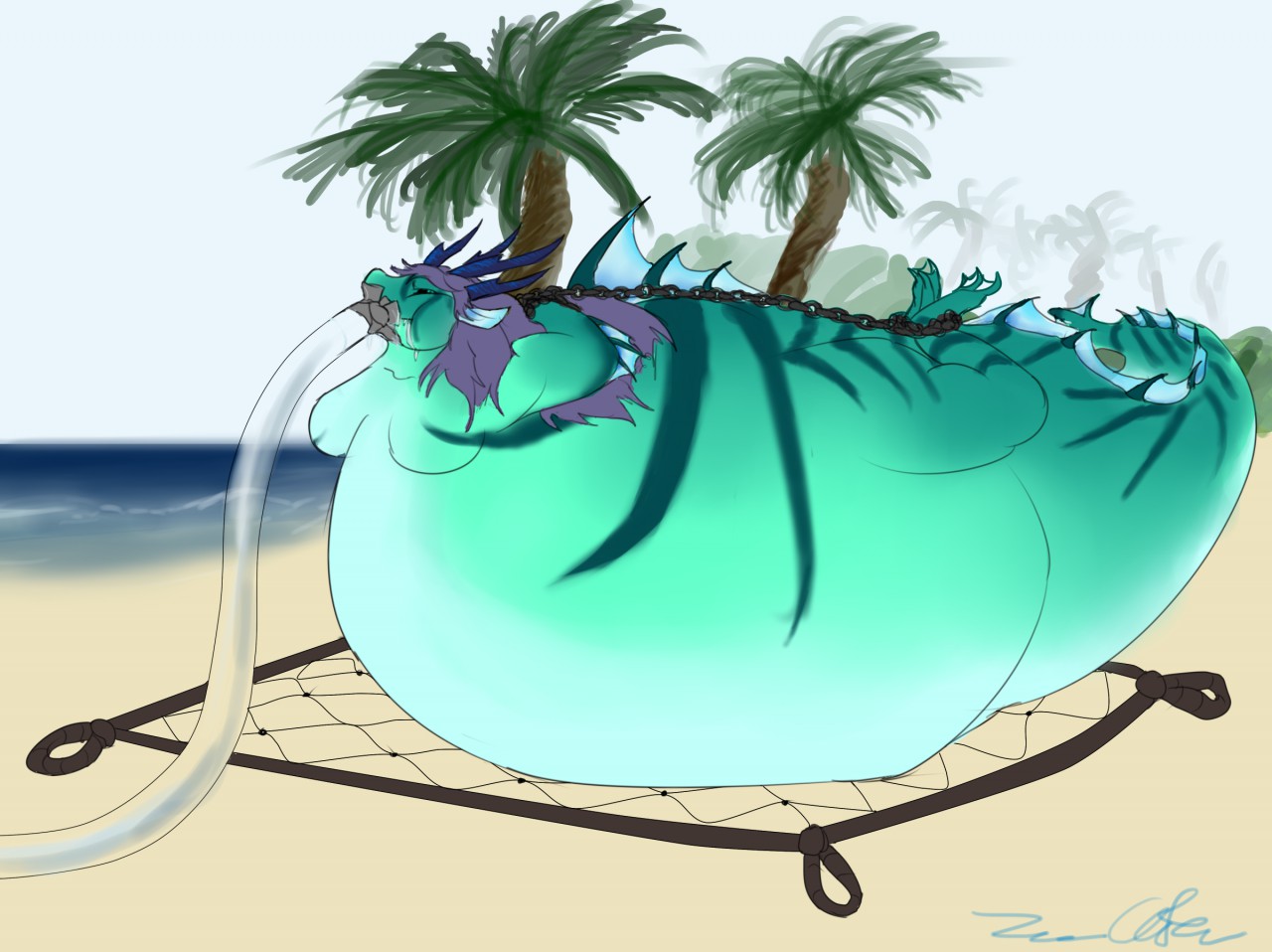 A plump teal dragon with purple spikes rests in a net hammock on a tropical beach, chained and exhaling vapor.