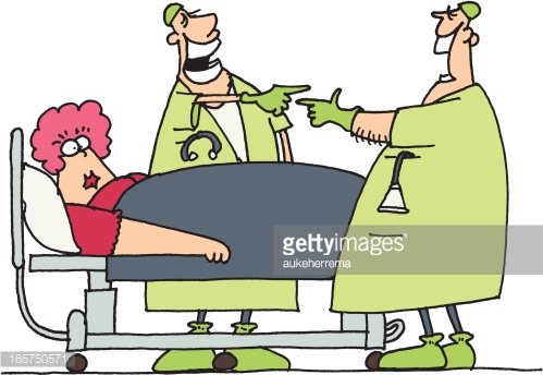 A cartoon of a surprised female patient in a hospital bed, flanked by two laughing doctors pointing at her.
