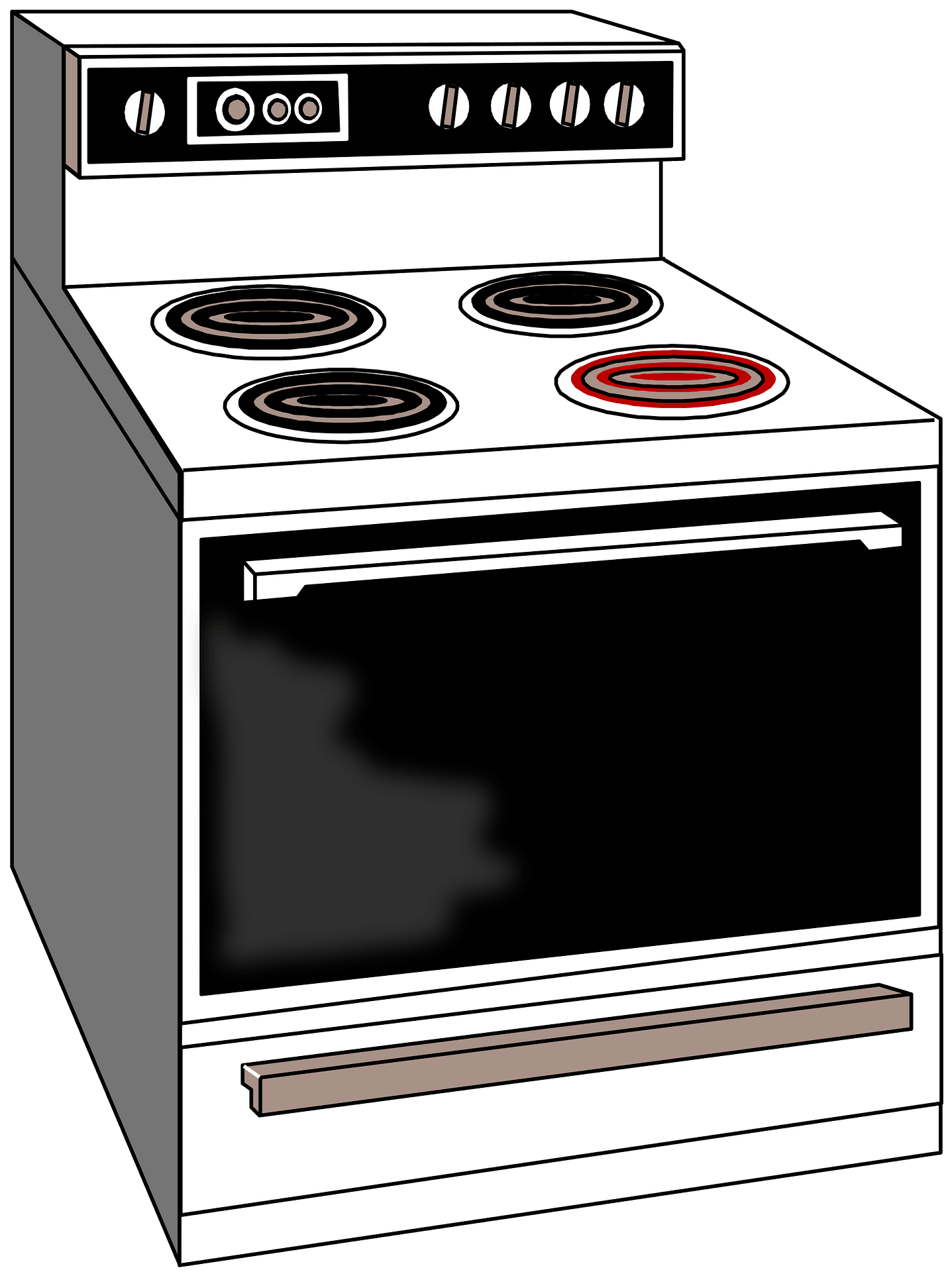 White electric range with four coil burners, one glowing red, black control panel, and oven door.