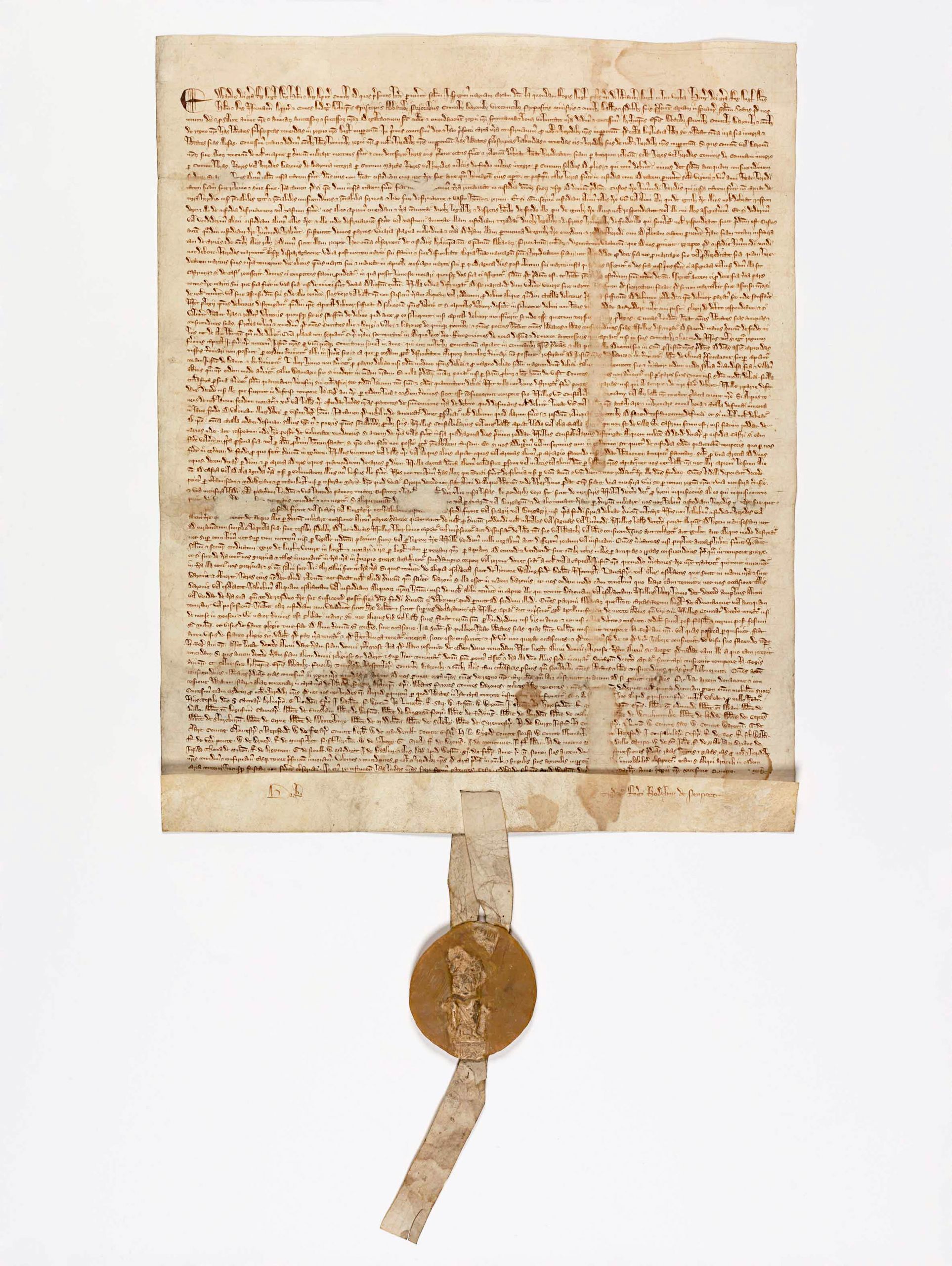 Medieval parchment charter with Latin text and a gold royal seal attached by silk ribbon.