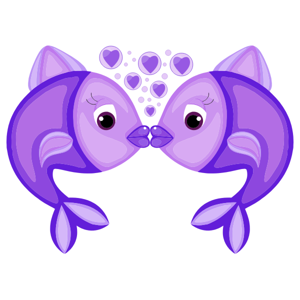 Two purple cartoon fish kissing with heart-shaped bubbles above them.