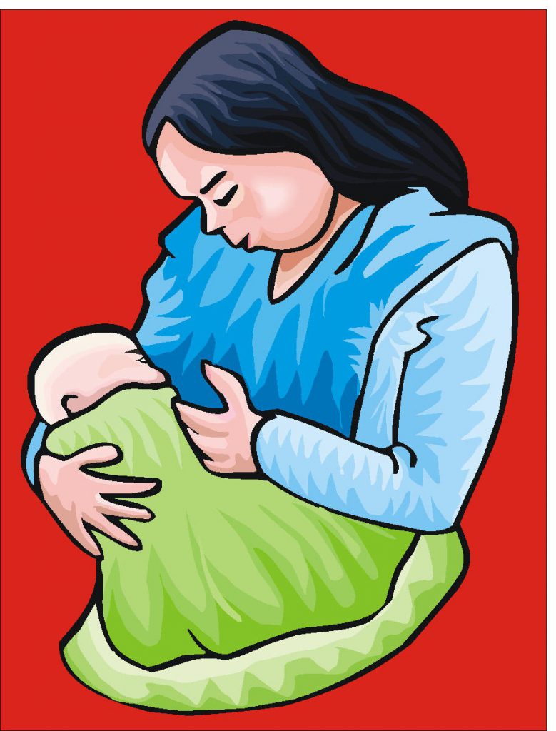 A mother in a blue sweater gently holds her newborn wrapped in a green blanket against a red background.