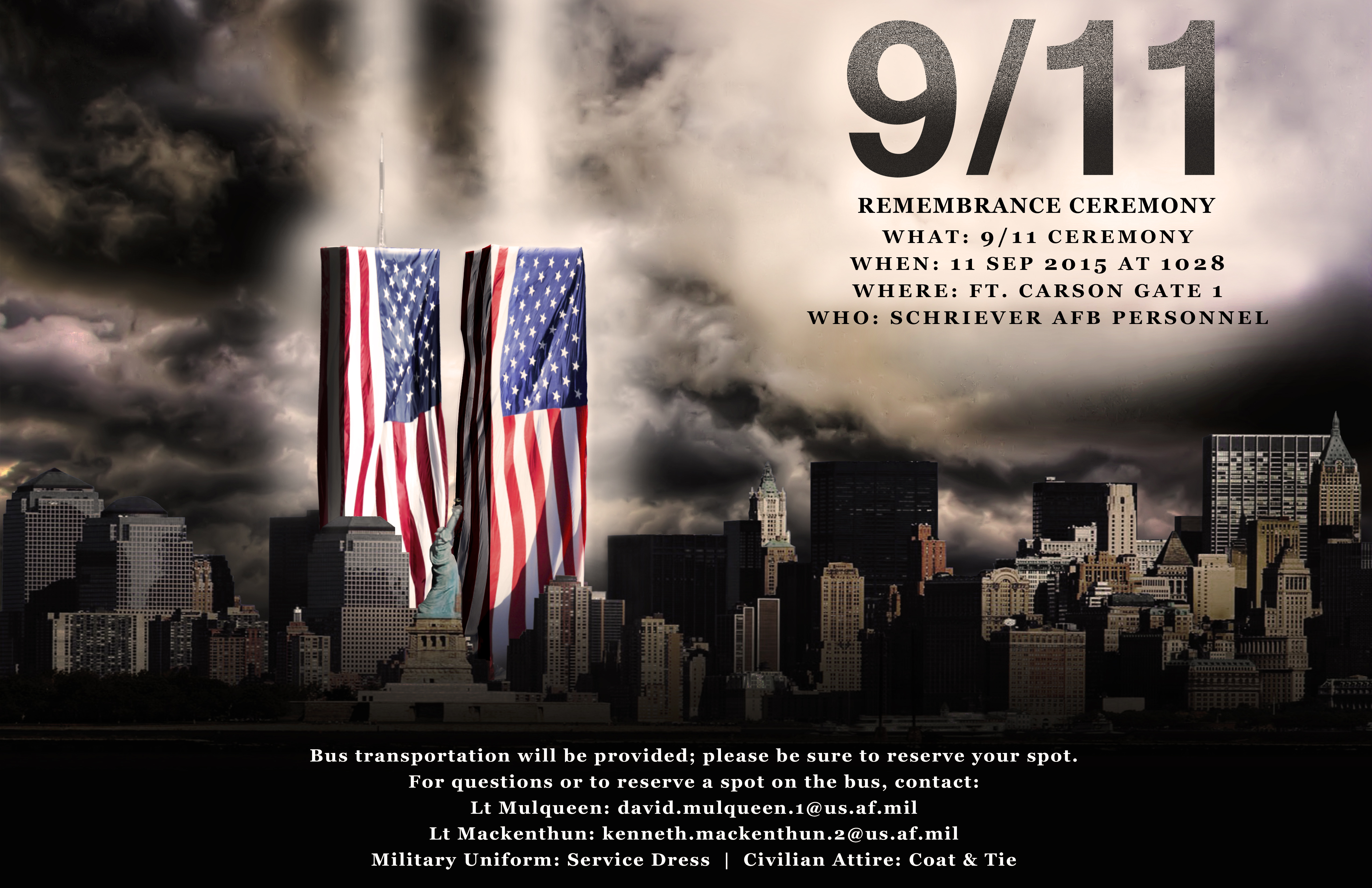A memorial poster for a 9/11 remembrance ceremony featuring the Twin Towers wrapped in American flags, the Statue of Liberty, and a dark, cloudy New York City skyline.