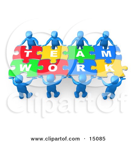 Blue 3D figures holding colorful puzzle pieces spelling "TEAMWORK" against white background.