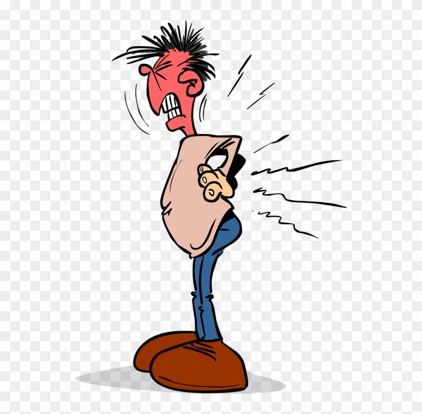 Cartoon man screaming in pain, clutching his lower back with lightning bolts indicating sharp pain.