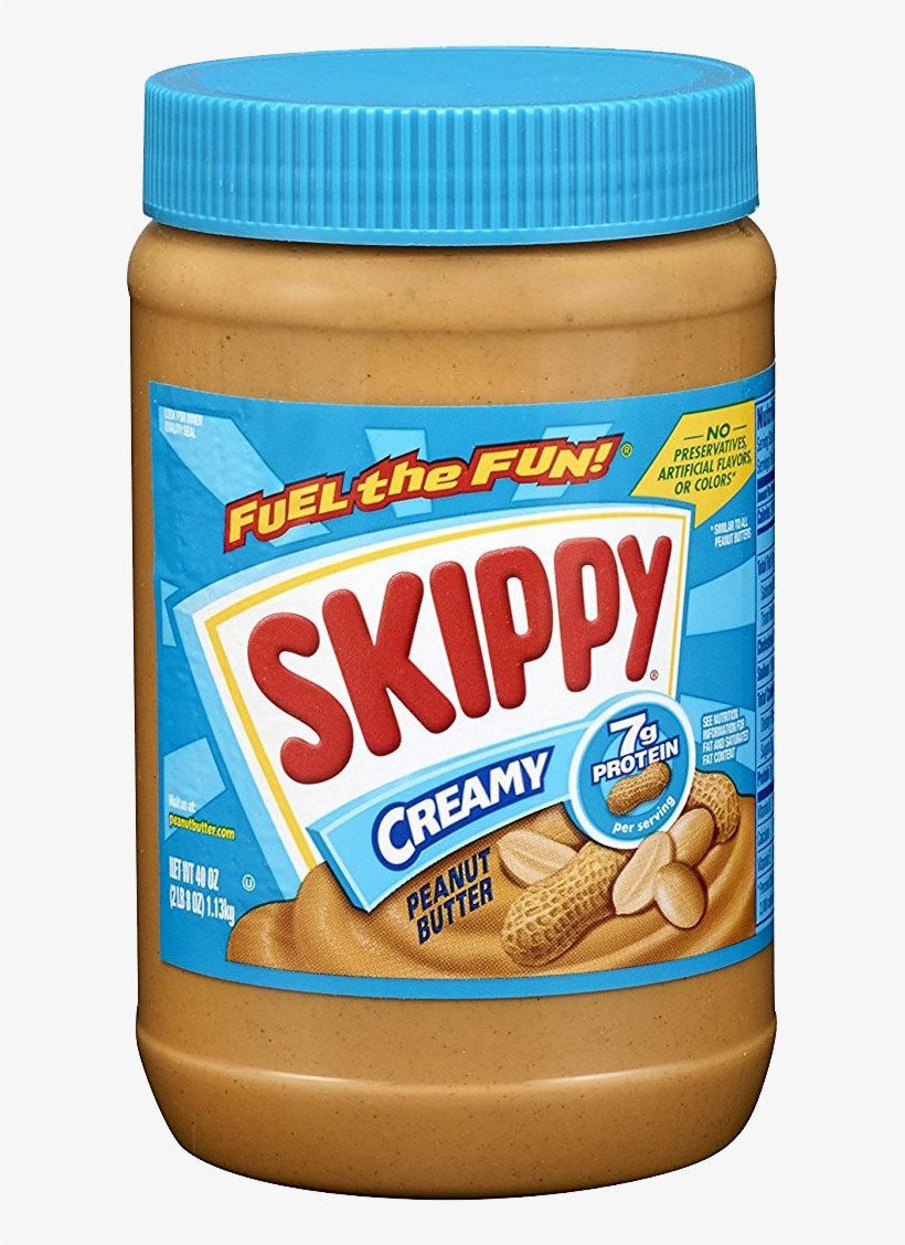 Skippy Creamy Peanut Butter 40 oz jar with blue lid and label highlighting 7g protein per serving and no artificial additives.