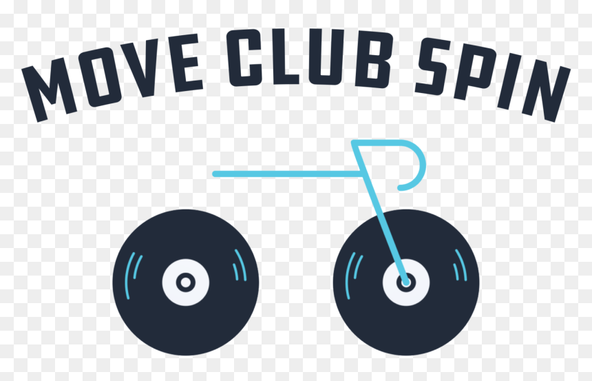 "Move Club Spin" logo featuring two vinyl records as wheels of a stylized bicycle with a turquoise handlebar.