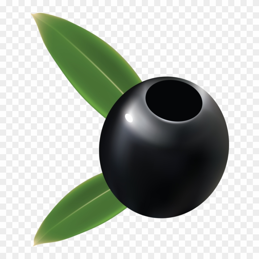 Glossy black olive with two green leaves on transparent background