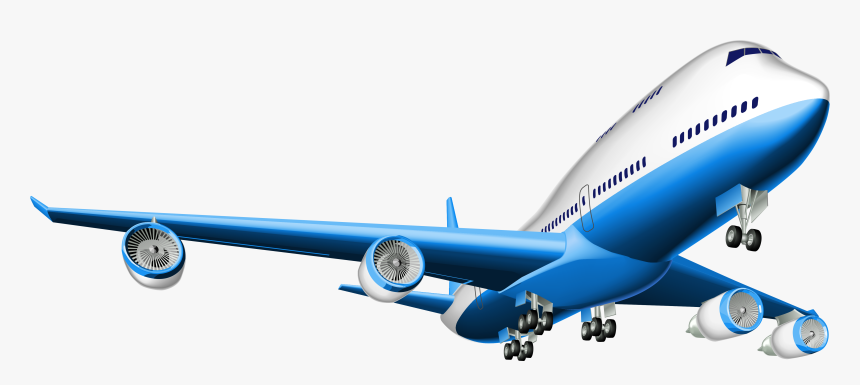Blue and white wide-body passenger jet with four engines, landing gear down, in flight.