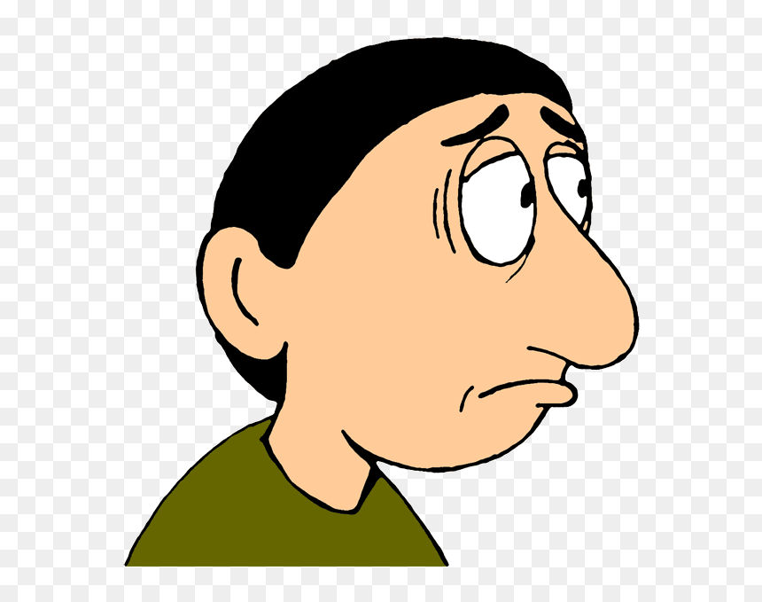 Cartoon man with worried expression, wide eyes, furrowed brows, and downturned mouth, shown in side profile.
