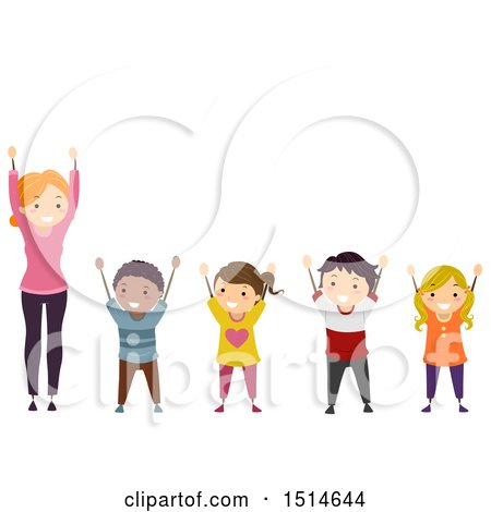 A joyful group of five diverse children and an adult raising arms in celebration against a white background.