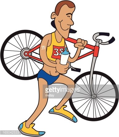 Cartoon cyclist in race bib #35 carrying bike and water bottle, smiling mid-stride.