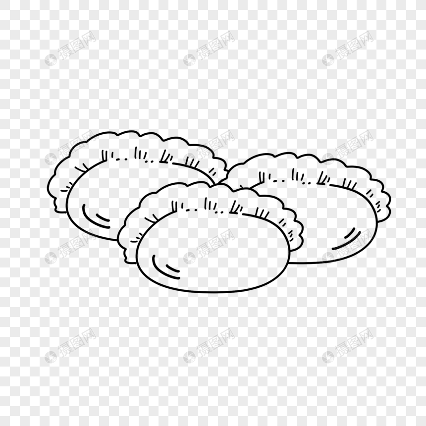 Simple black-and-white line drawing of three folded dumplings with crimped edges, arranged overlapping on transparent background.