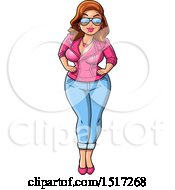 Confident cartoon woman with red hair, sunglasses, pink jacket, jeans, and pink heels posing with hands on hips.