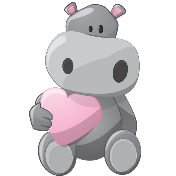 Cute gray cartoon hippo holding a pink heart, sitting with round eyes and pink inner ears.