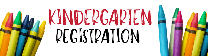 Colorful crayons framing bold "Kindergarten Registration" text on white background.