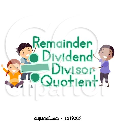 Three diverse children illustrating division terms: remainder, dividend, divisor, quotient with a green division symbol.