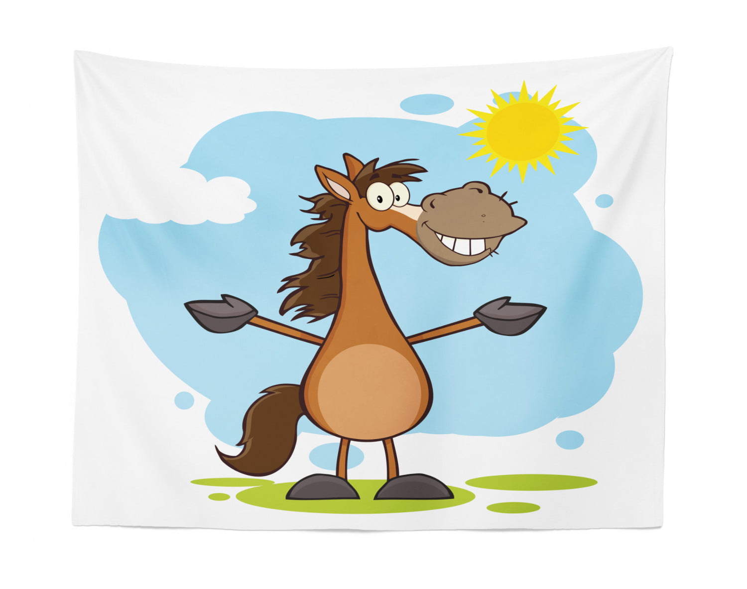 Cheerful cartoon horse with outstretched arms under a sunny blue sky, standing on green grass patches.