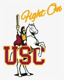 USC Fight On logo featuring a knight on a rearing white horse holding a sword, with bold "USC" lettering below and "Fight On" script above.