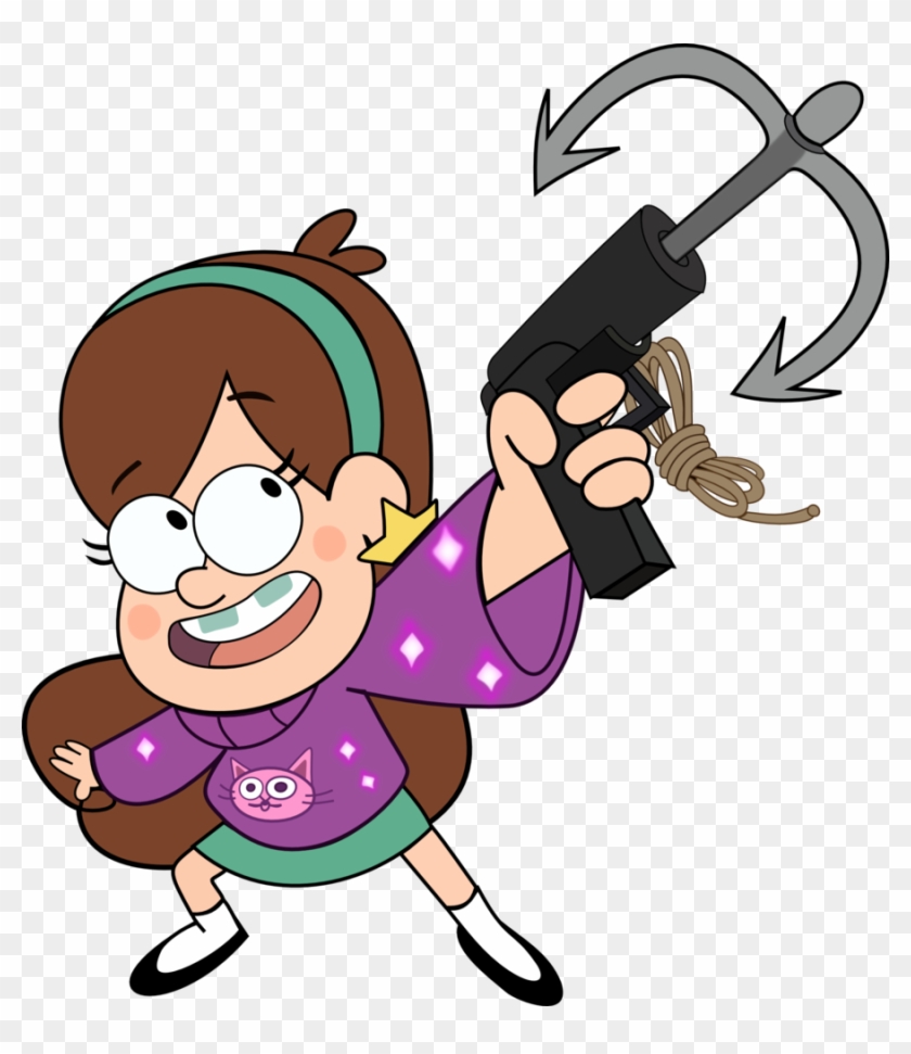 Mabel Pines from Gravity Falls wielding a grappling hook gun with a joyful expression.