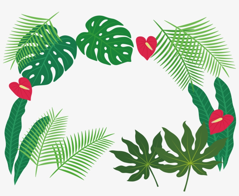 Tropical leaf wreath with monstera, palm fronds, and red anthurium flowers forming a circular frame on white background.