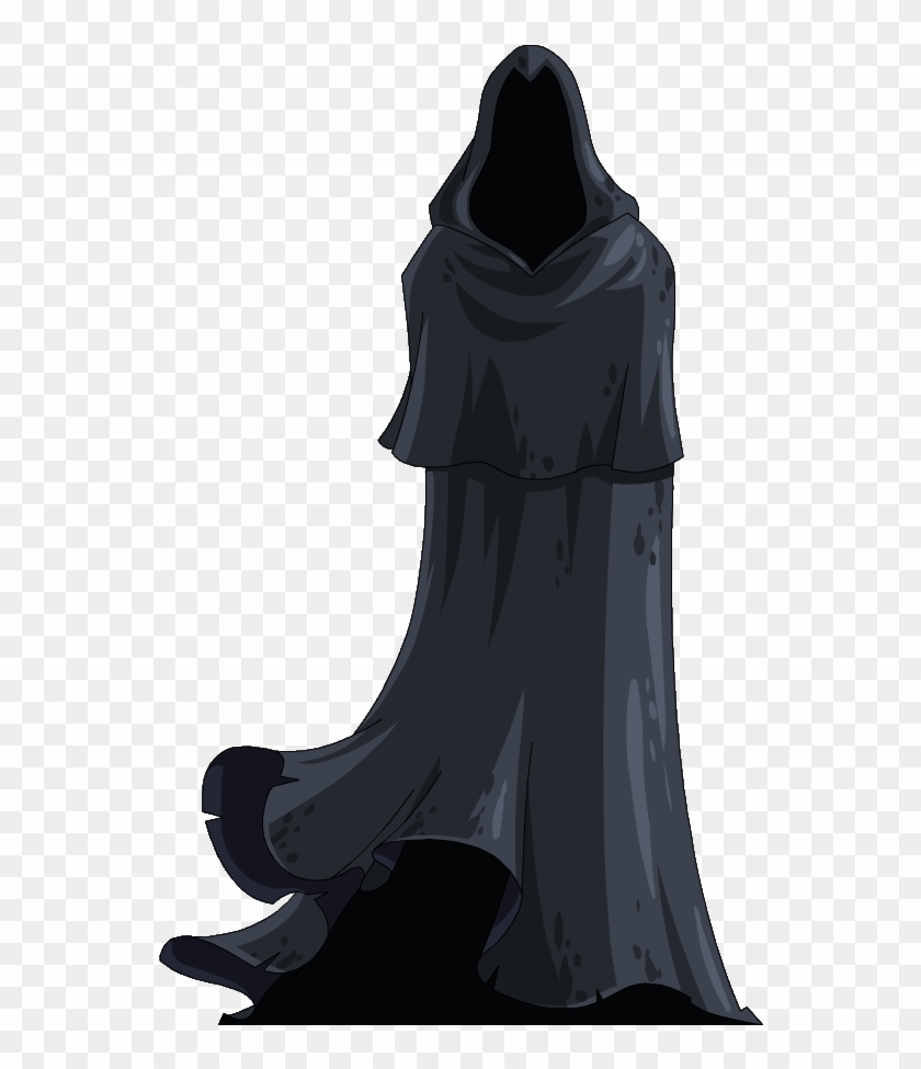 Mysterious hooded figure in a tattered dark cloak, face obscured, standing against transparent background.