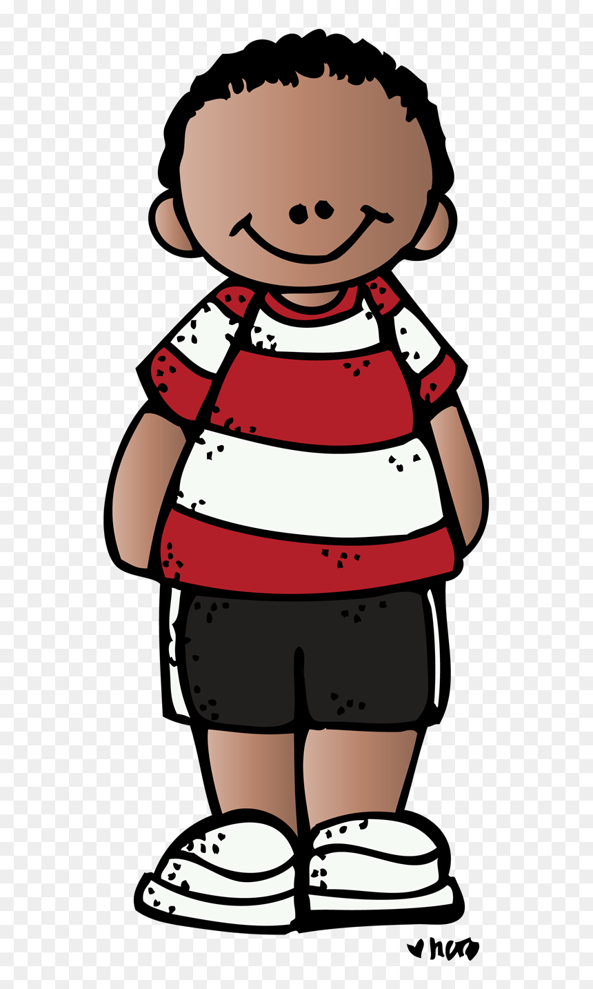 Smiling cartoon boy with dark skin, wearing red-and-white striped shirt, black shorts, and white shoes.