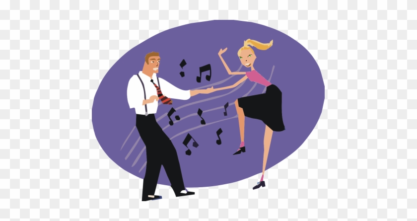 A cartoon man and woman dancing joyfully with musical notes swirling around them against a purple oval background.