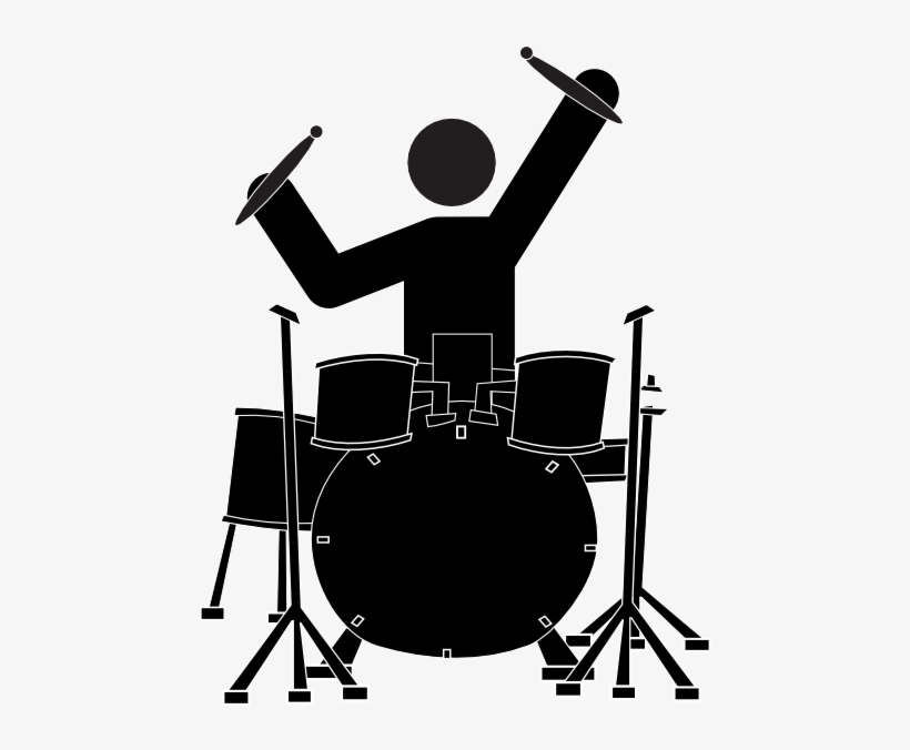 Silhouette of a drummer energetically playing a full drum kit with cymbals raised.