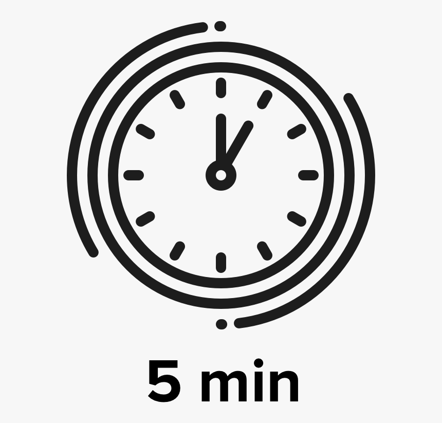 Minimalist black-and-white clock icon showing 1:00 with circular motion lines and "5 min" label below.
