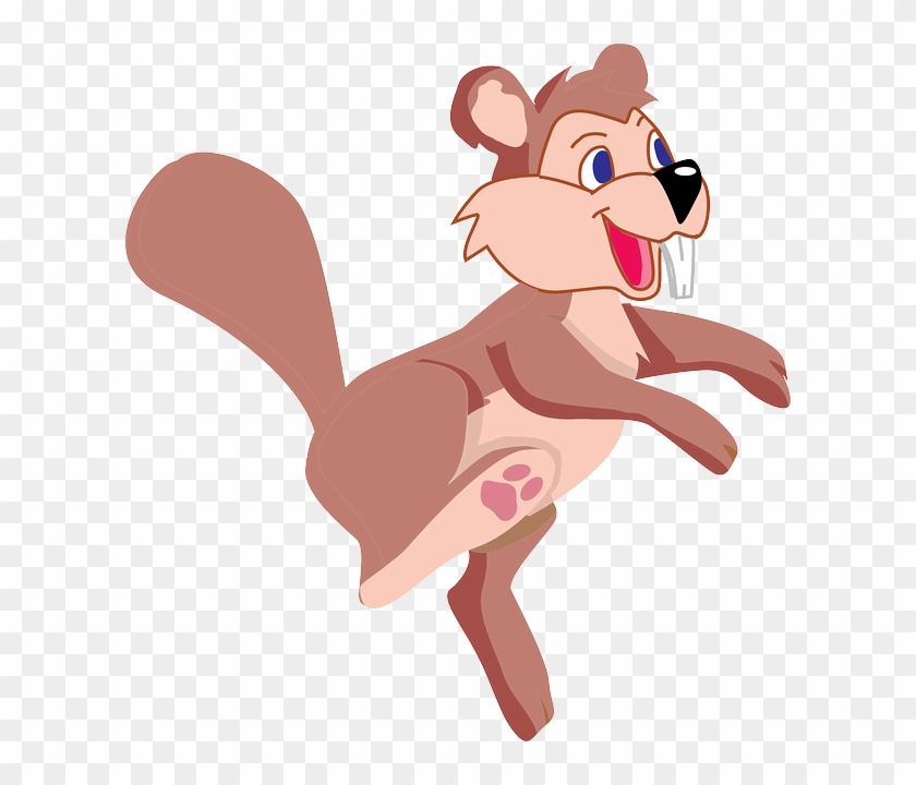 Cheerful cartoon beaver leaping mid-air with big smile and prominent front teeth.